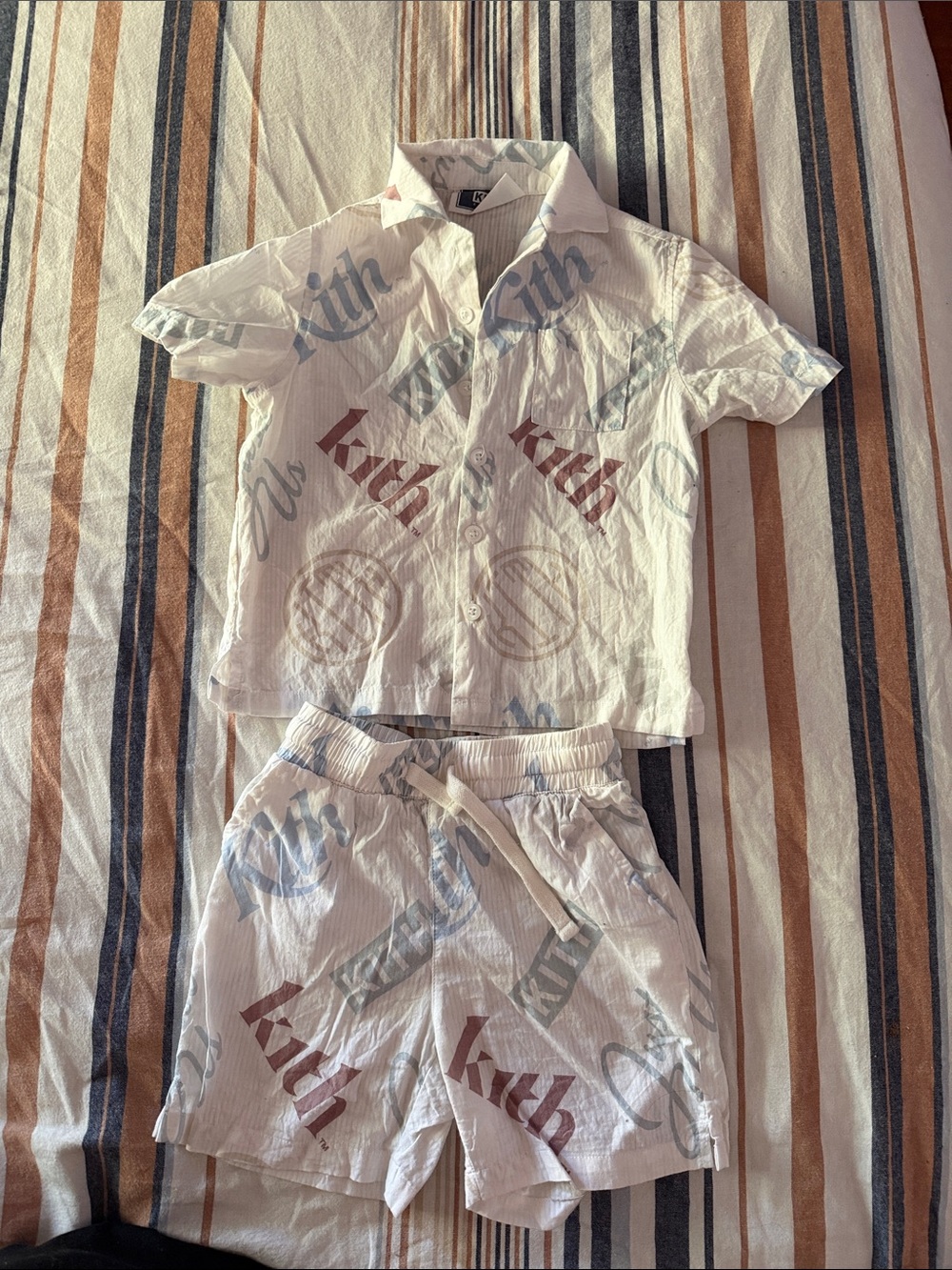 Kith White Short Sleeve Pajama Set with Blue & Brown Logo Print
